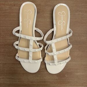 Jessica Simpson White Studded Triple-Strap Slide Mules